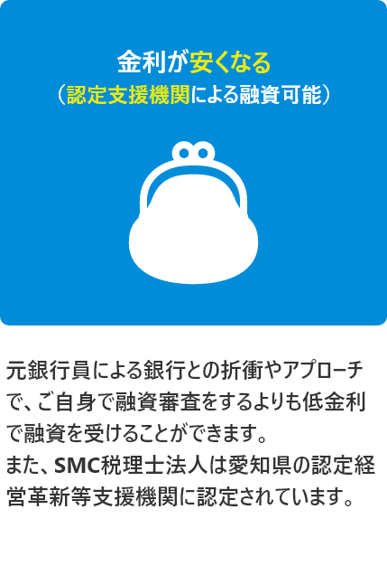 金利が安くなる(認定支援機関による融資可能)！元銀行員による銀行との折衝やアプローチで、ご自身で融資審査をするよりも低金利で融資を受けることができます。また、SMC税理士法人は愛知県の認定経営革新等支援機関に認定されています。