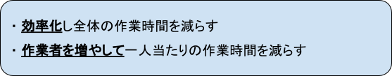 ・効率化し全体の作業時間を減らす
・作業者を増やして一人当たりの作業時間を減らす